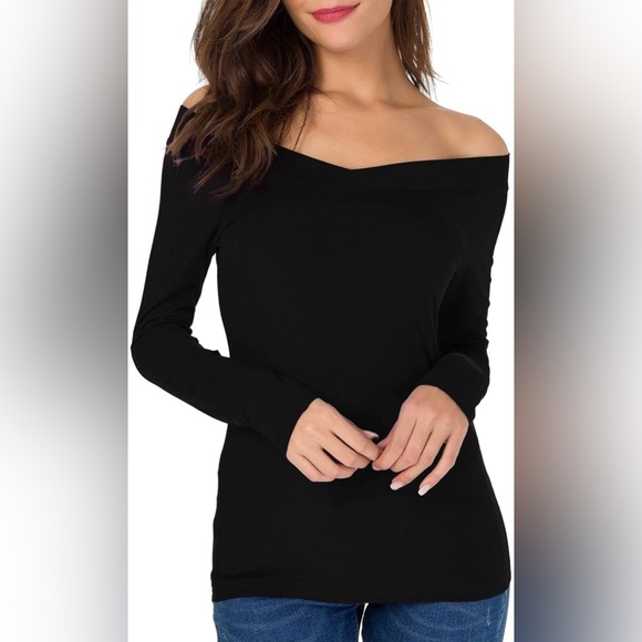 Sarin Mathews Tops - Sarin Mathews Off The Shoulder Top Sexy V Neck Slim Fit Shirt Solid Black Size L